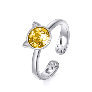 Sterling Silver Round Shaped Crystal Cat Open Ring-5