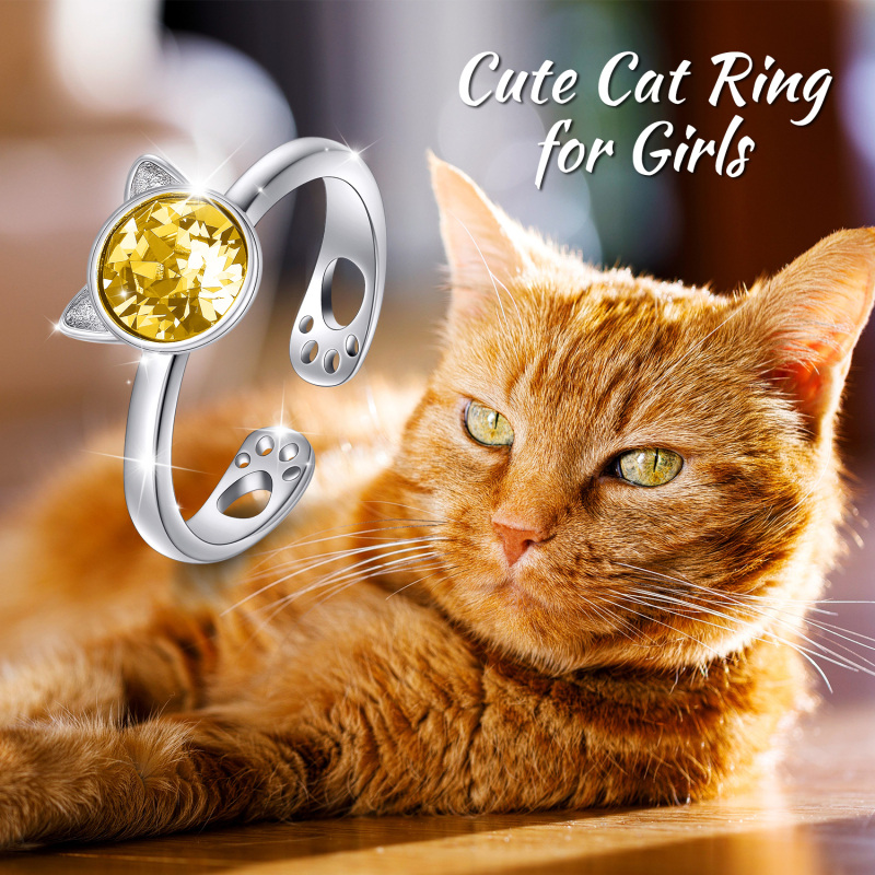 Sterling Silver Round Shaped Crystal Cat Open Ring-3