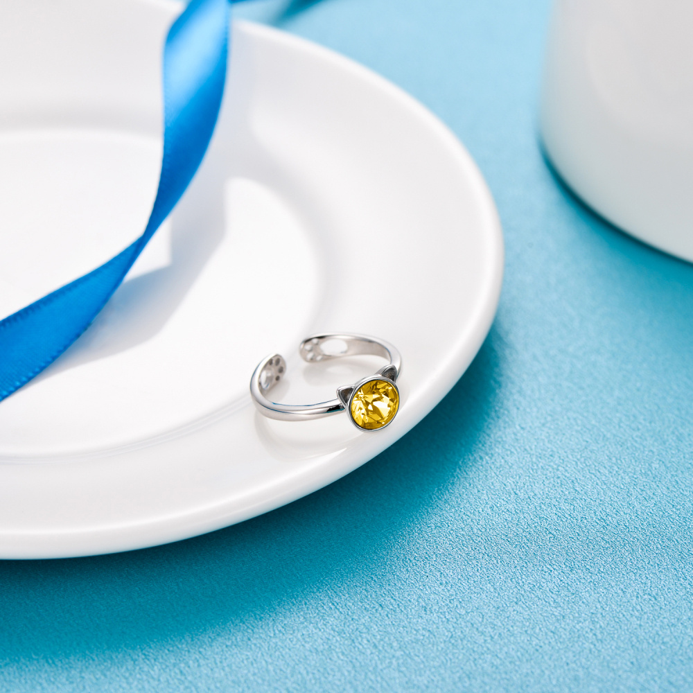 Anillo abierto de plata de ley con forma circular de gato de cristal-4