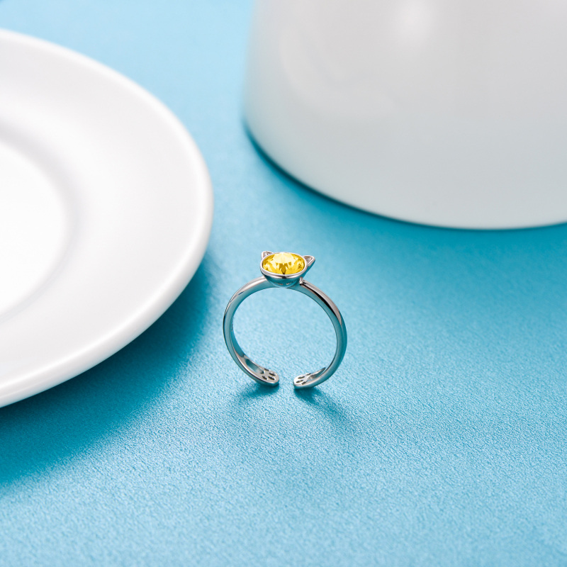 Sterling Silver Round Shaped Crystal Cat Open Ring-5