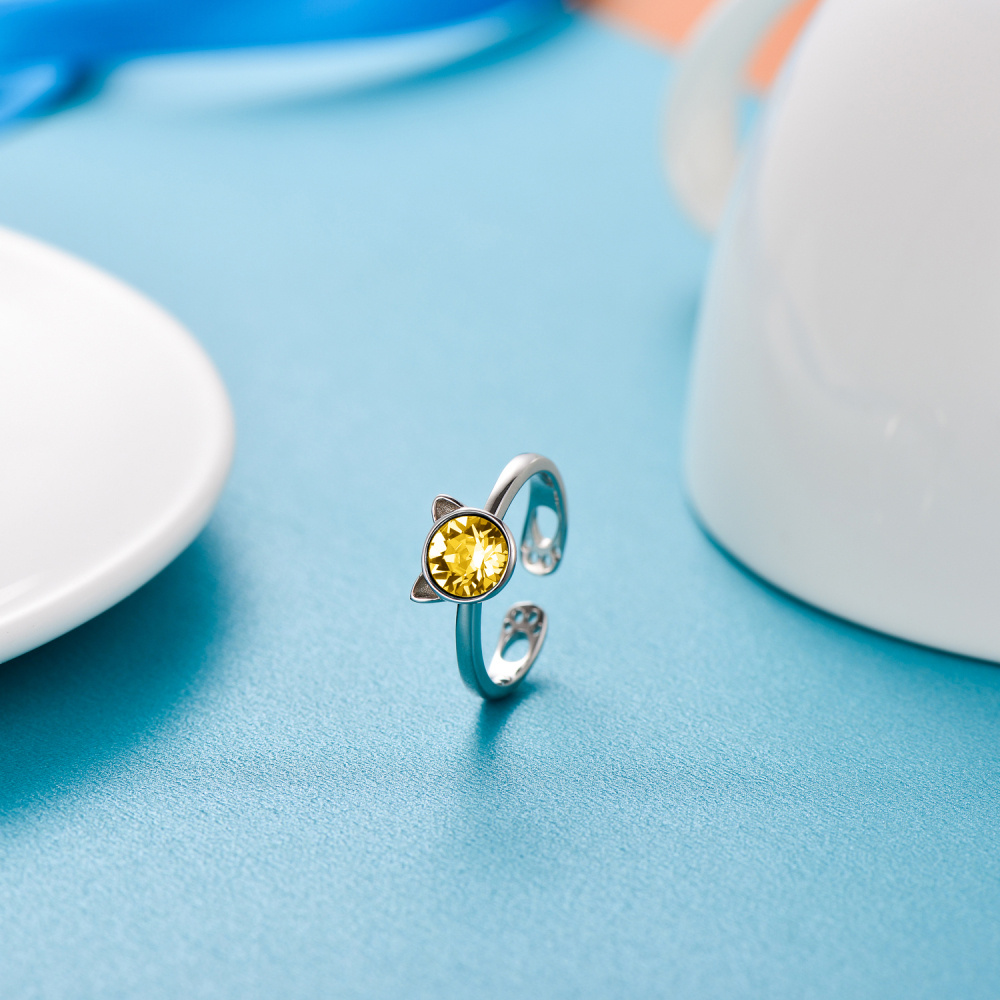 Anillo abierto de plata de ley con forma circular de gato de cristal-6