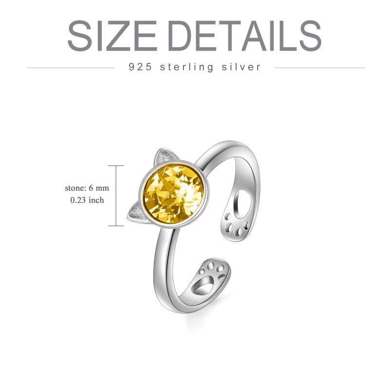 Sterling Silver Round Shaped Crystal Cat Open Ring-7