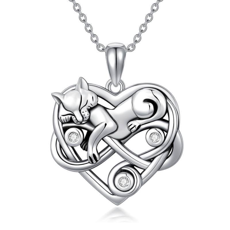 Sterling Silver Circular Shaped Crystal Cat Pendant Necklace-20