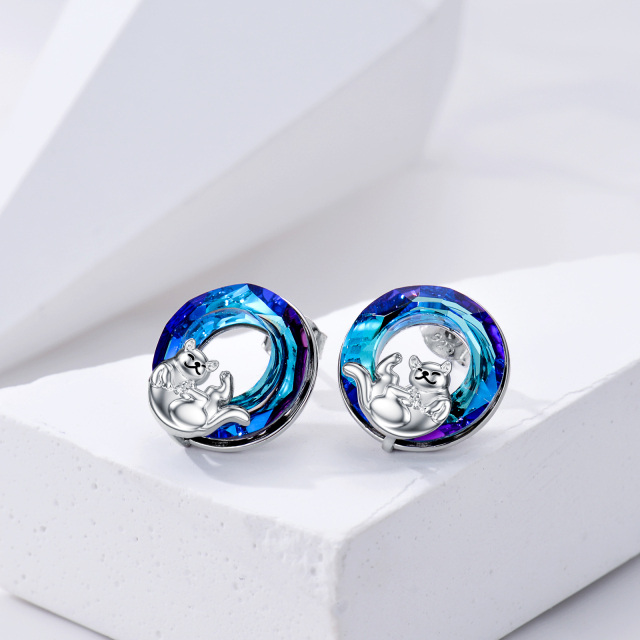 Sterling Silver Circular Shaped Crystal Cat Stud Earrings-3