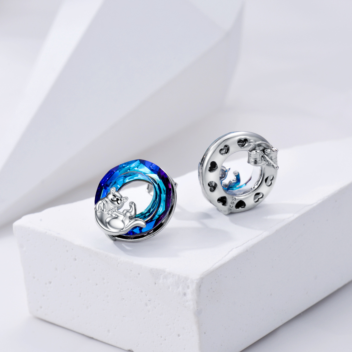 Sterling Silver Circular Shaped Crystal Cat Stud Earrings-4