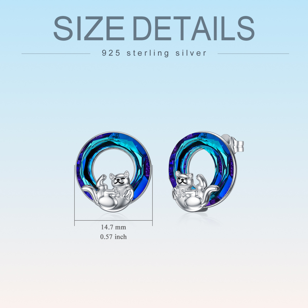 Sterling Silver Circular Shaped Crystal Cat Stud Earrings-5