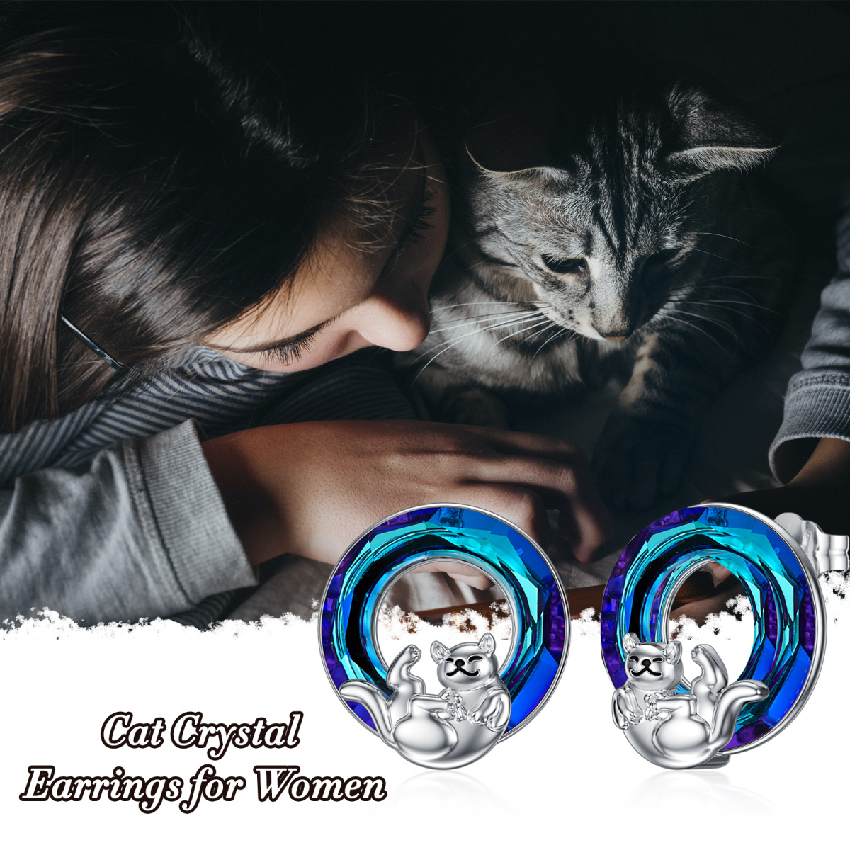 Sterling Silver Circular Shaped Crystal Cat Stud Earrings-6