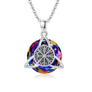 Sterling Silver Circular Shaped Crystal Celtic Knot & Compass Pendant Necklace-37