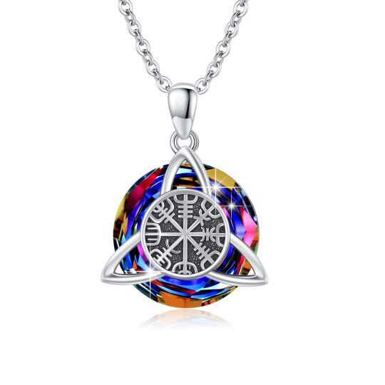 Sterling Silver Circular Shaped Crystal Celtic Knot & Compass Pendant Necklace