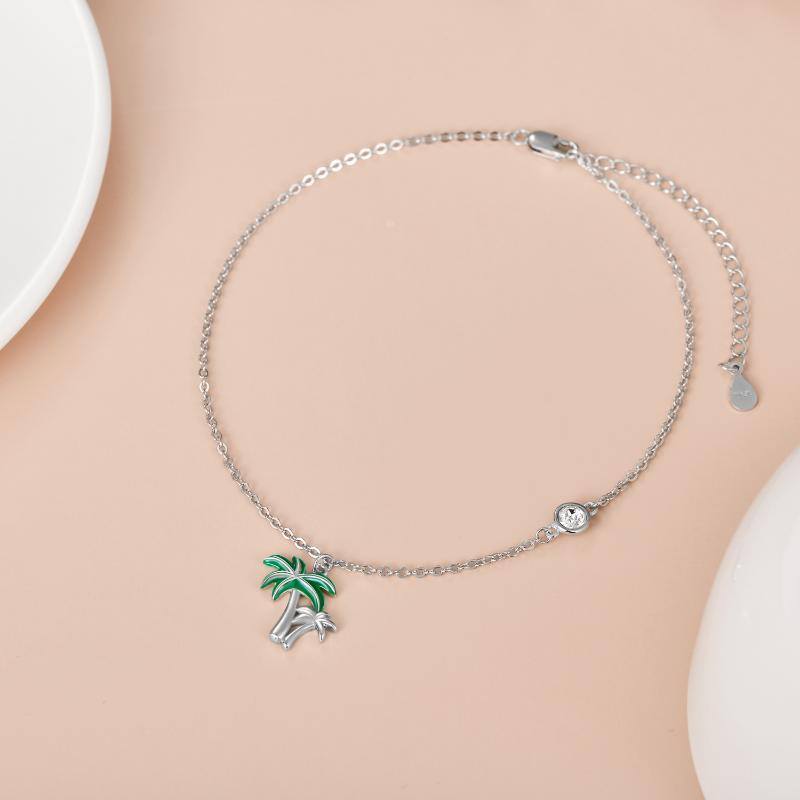 Sterling Silver Circular Shaped Crystal Coconut Tree Single Layer Anklet-3