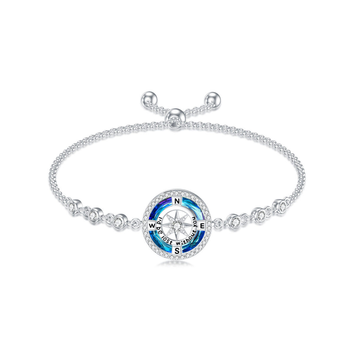 Sterling Silver Circular Shaped Crystal & Cubic Zirconia Compass Charm Bracelet with Engraved Word-1