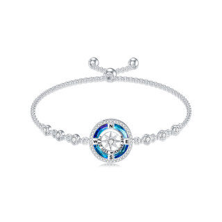 Sterling Silver Circular Shaped Crystal & Cubic Zirconia Compass Charm Bracelet with Engraved Word-10