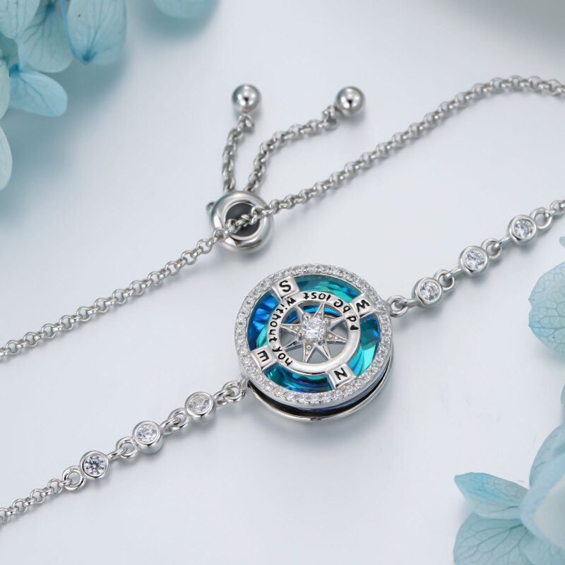 Sterling Silver Circular Shaped Crystal & Cubic Zirconia Compass Charm Bracelet with Engraved Word-3