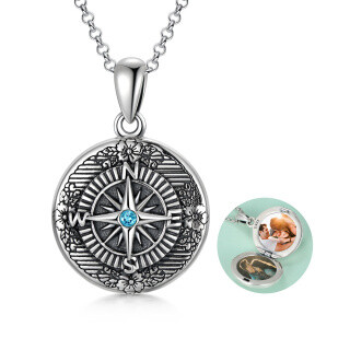 Sterling Silver Circular Shaped Crystal Compass Personalized Photo Locket Necklace-5