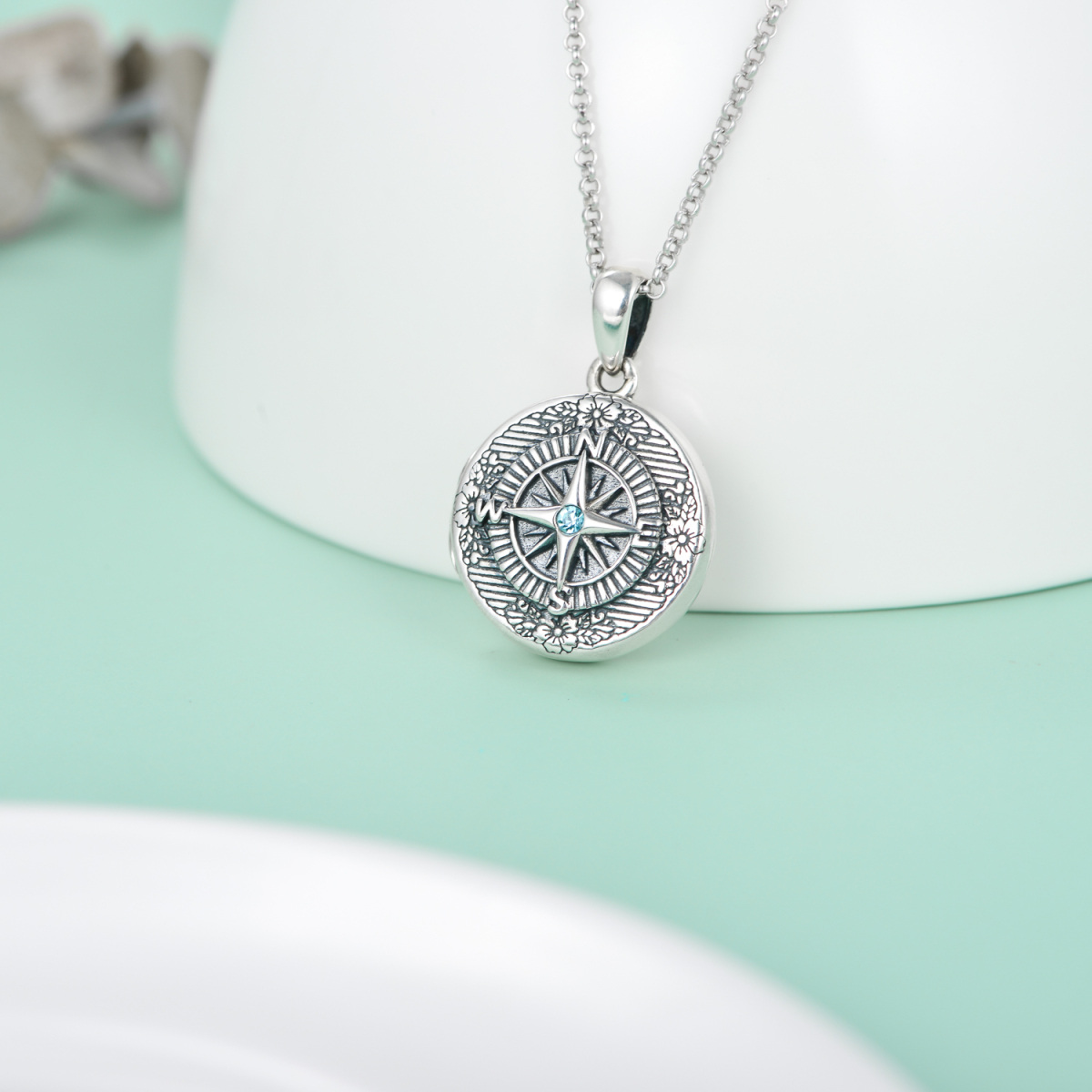 Sterling zilveren cirkelvormige kristal kompas gepersonaliseerde foto zakje ketting-5