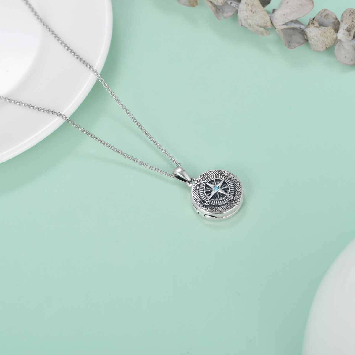 Bussola di cristallo a forma di cerchio in argento sterling Collana con medaglione fotografico personalizzato-6