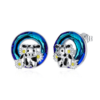 Sterling Silver Circular Shaped Crystal Cow & Daisy Stud Earrings-7