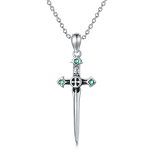 Sterling Silver Circular Shaped Crystal Cross & Sword Pendant Necklace-4