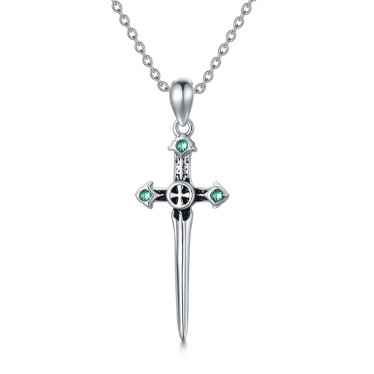 Sterling Silver Circular Shaped Crystal Cross & Sword Pendant Necklace