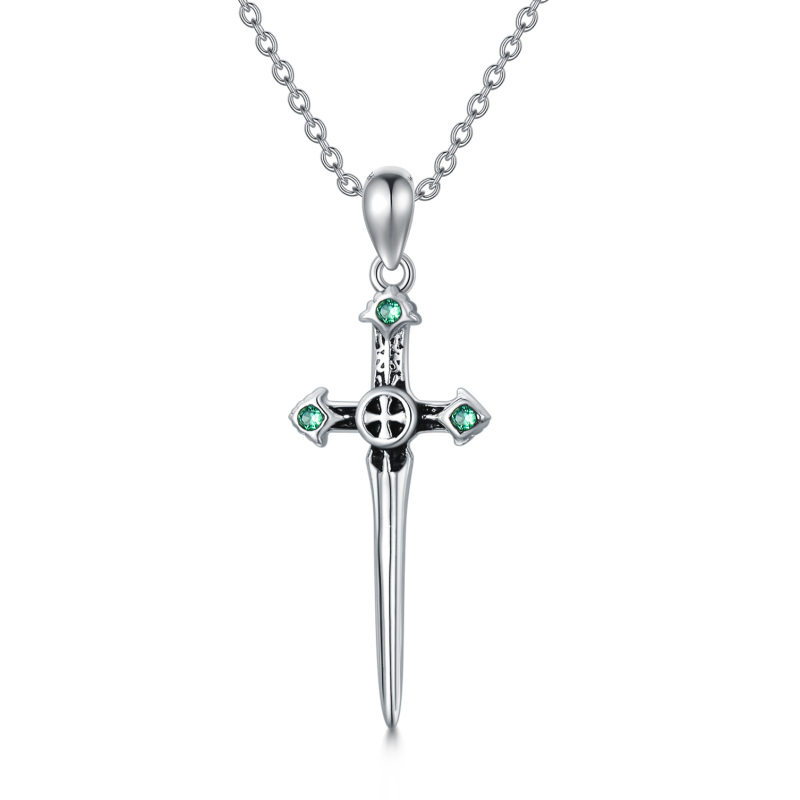 Sterling Silver Circular Shaped Crystal Cross & Sword Pendant Necklace-13