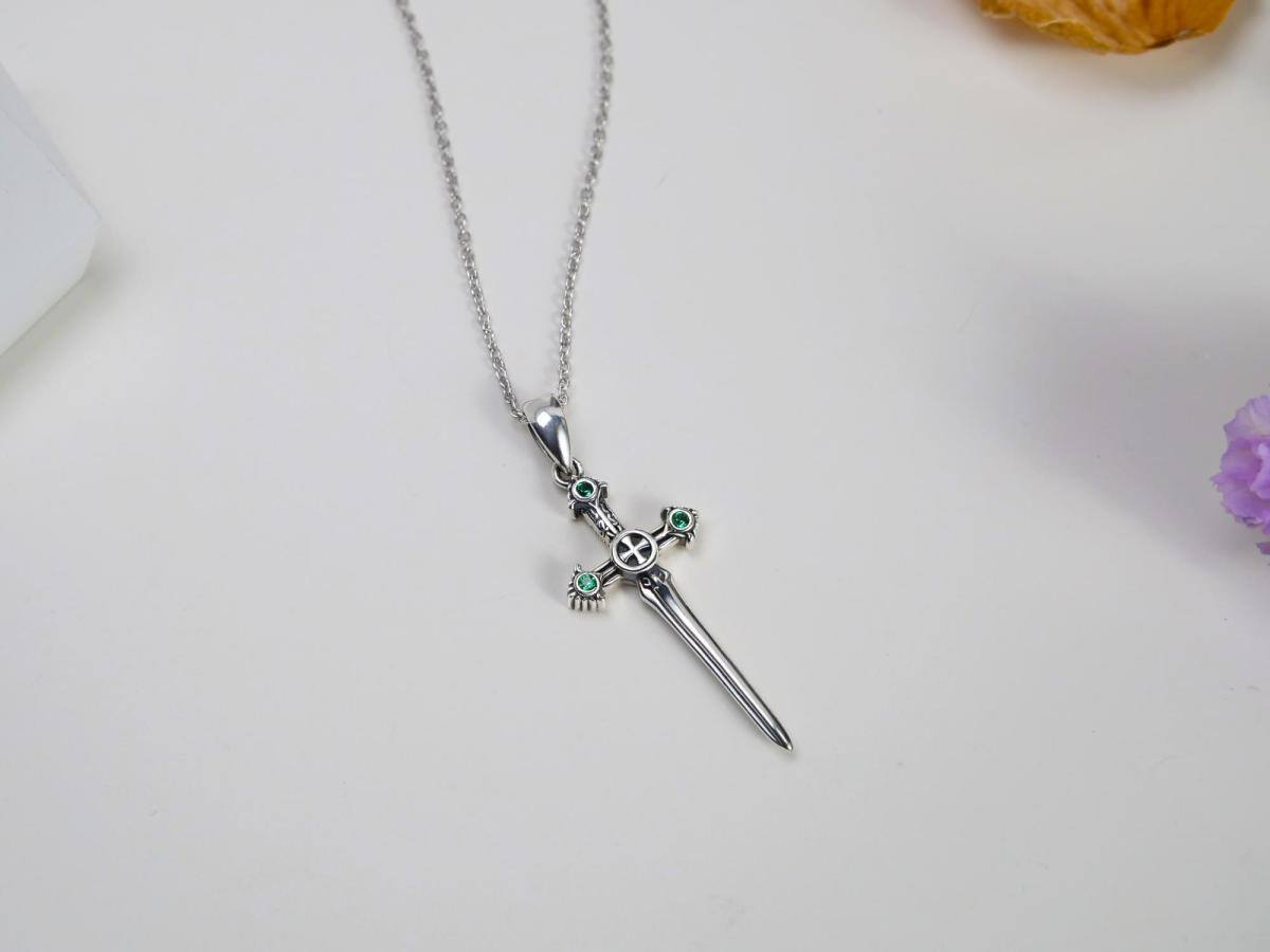 Sterling Silver Circular Shaped Crystal Cross & Sword Pendant Necklace-4