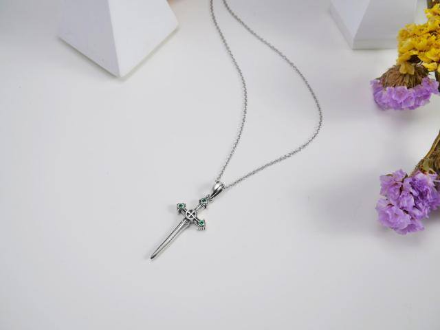 Sterling Silver Circular Shaped Crystal Cross & Sword Pendant Necklace-5