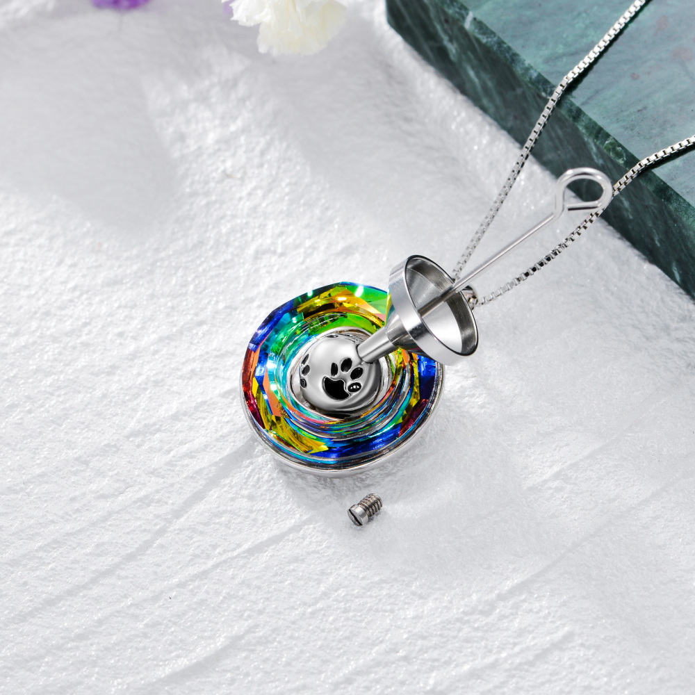 Sterling Silver Circular Shaped Crystal Dog Urn Necklace for Ashes-3