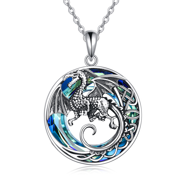 Sterling Silver Circular Shaped Crystal Dragon & Celtic Knot Pendant Necklace-1