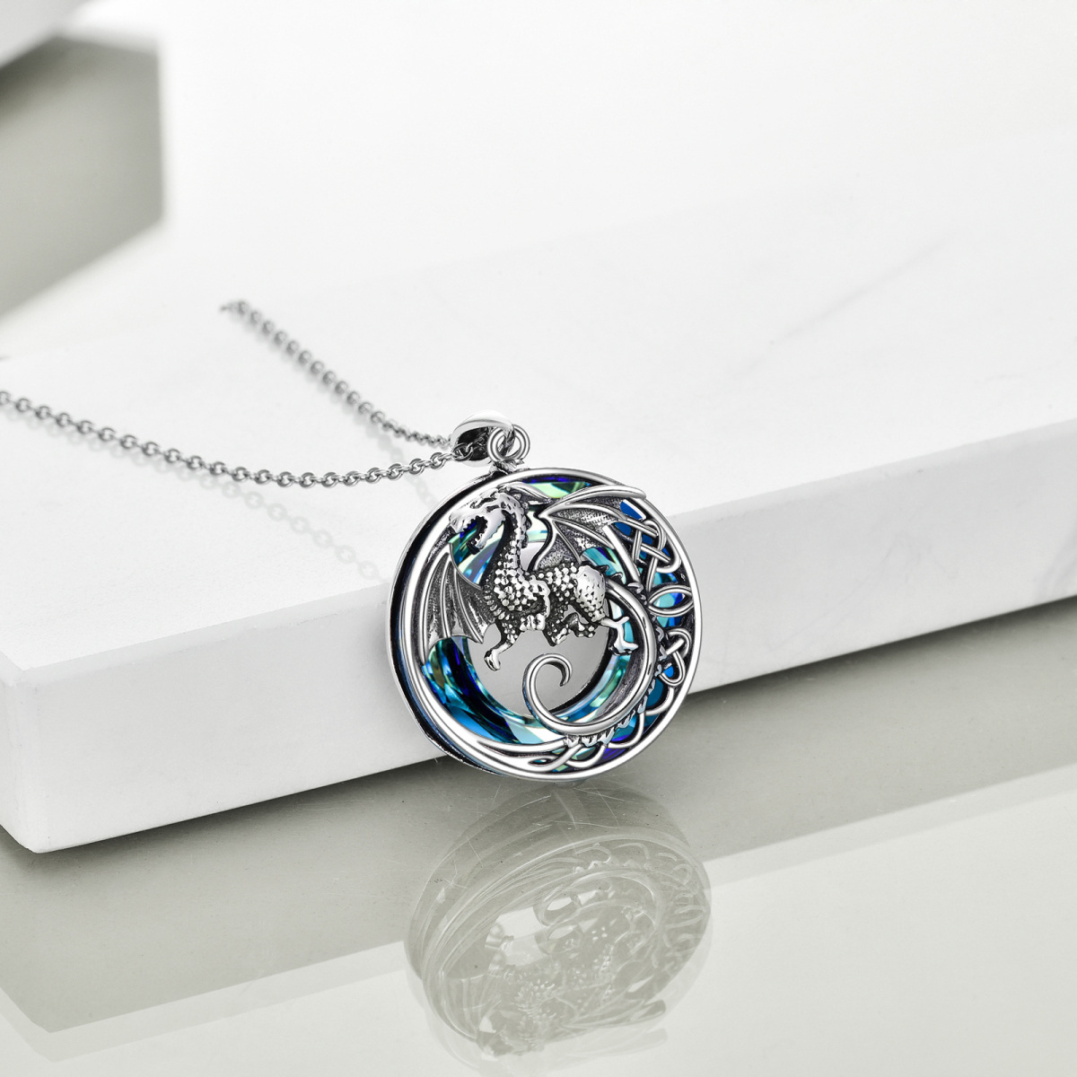 Sterling Silver Circular Shaped Crystal Dragon & Celtic Knot Pendant Necklace-5