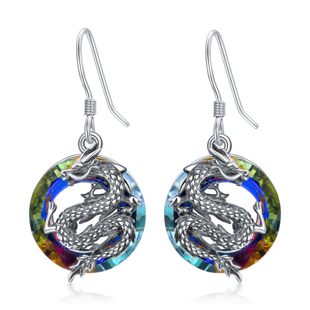 Sterling Silver Circular Shaped Crystal Dragon Drop Earrings-1