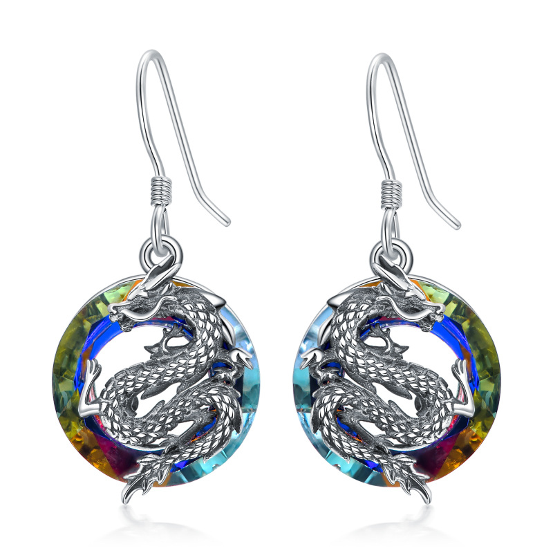 Boucles d'oreilles en argent sterling avec pendentif dragon en cristal de forme circulaire