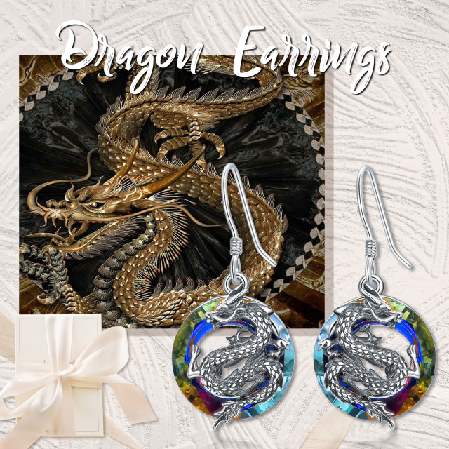 Sterling Silver Circular Shaped Crystal Dragon Drop Earrings-6