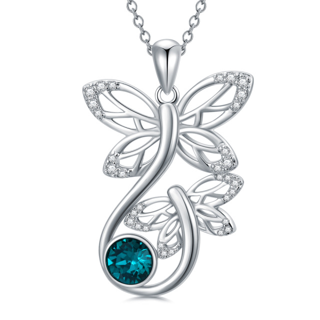 Sterling Silver Circular Shaped Crystal Dragonfly Pendant Necklace-1