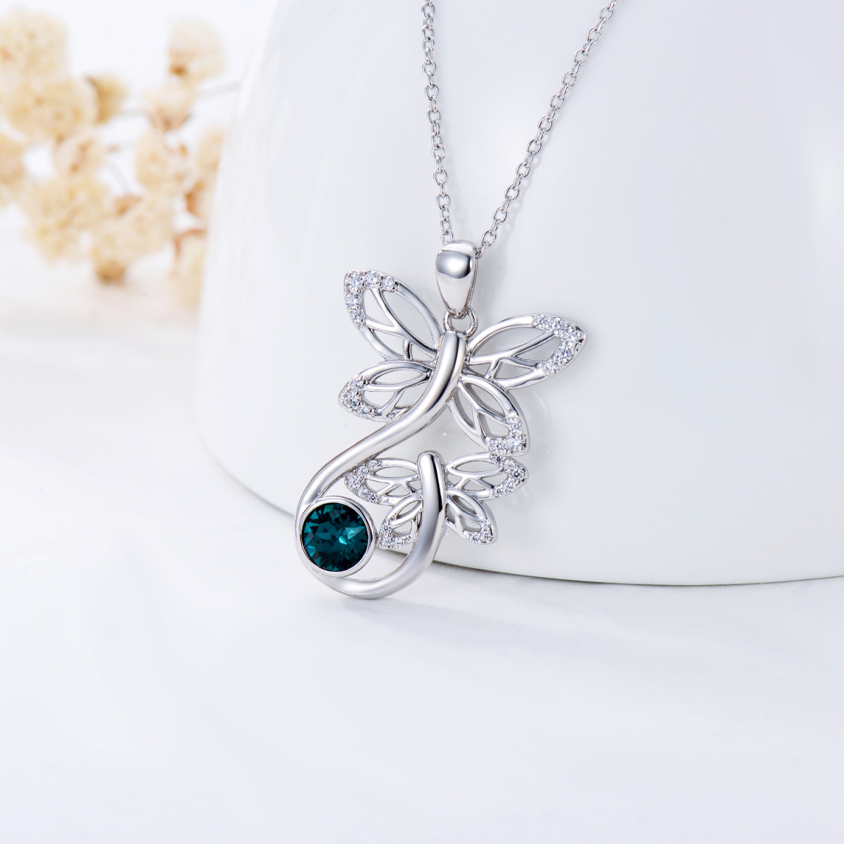 Sterling Silver Circular Shaped Crystal Dragonfly Pendant Necklace-3