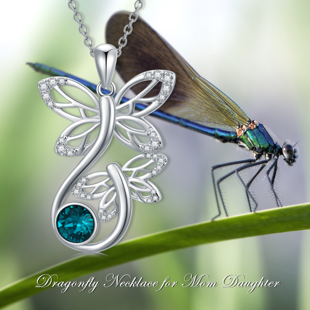 Sterling Silver Circular Shaped Crystal Dragonfly Pendant Necklace-6