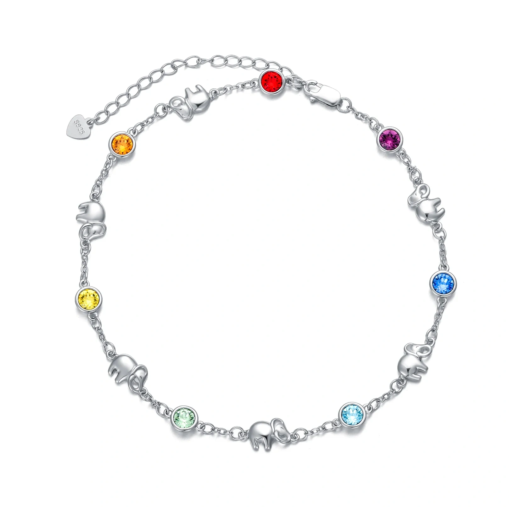 Image of Sterling Silver Circular Shaped Crystal Elephant Single Layer Anklet