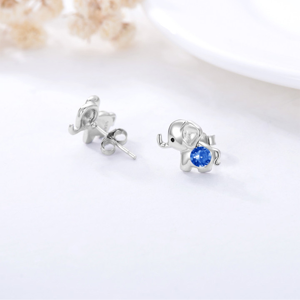 Sterling Silver Blue Circular Shaped Crystal Elephant Stud Earrings-3