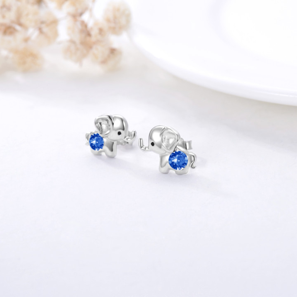 Sterling Silver Blue Circular Shaped Crystal Elephant Stud Earrings-4