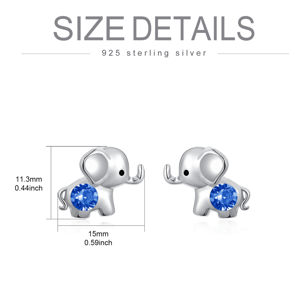 Sterling Silver Blue Circular Shaped Crystal Elephant Stud Earrings-5