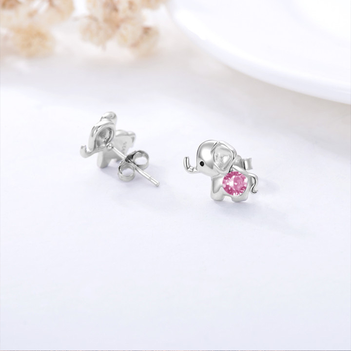 Sterling Silver Pink Circular Shaped Crystal Elephant Stud Earrings-3