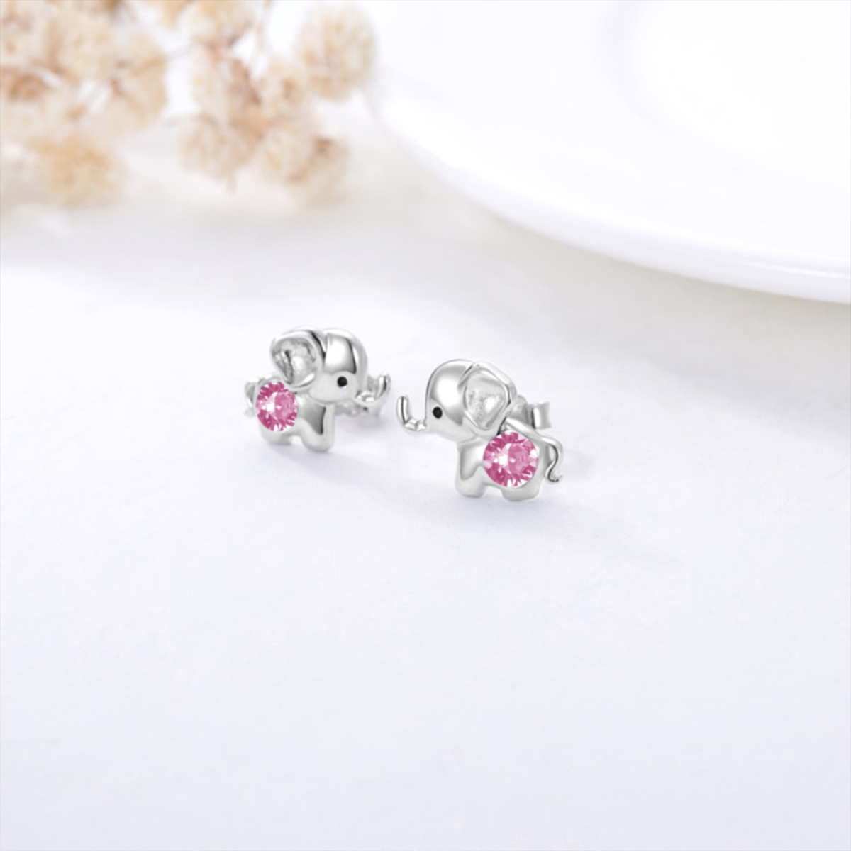 Sterling Silver Pink Circular Shaped Crystal Elephant Stud Earrings-4