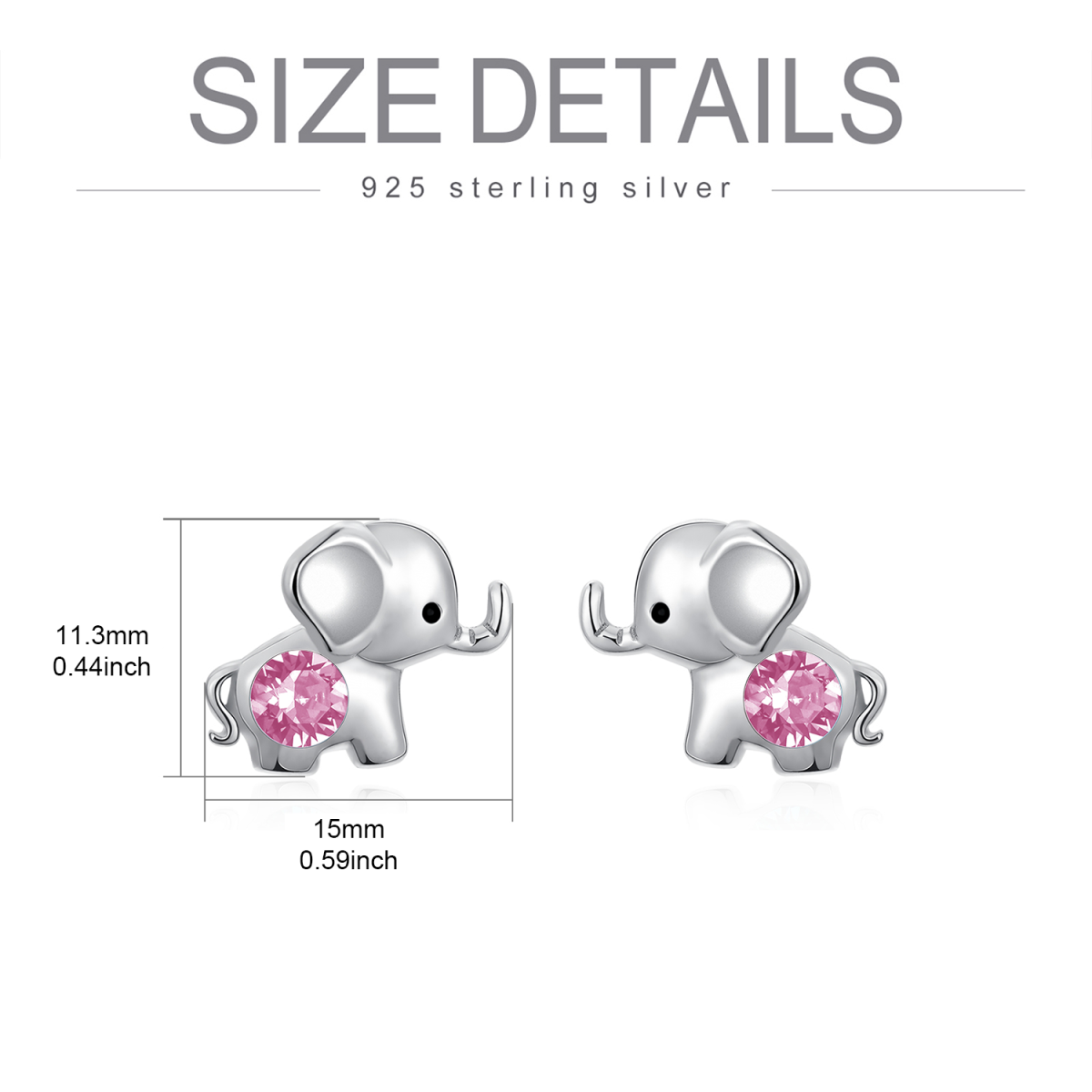 Sterling Silver Pink Circular Shaped Crystal Elephant Stud Earrings-5