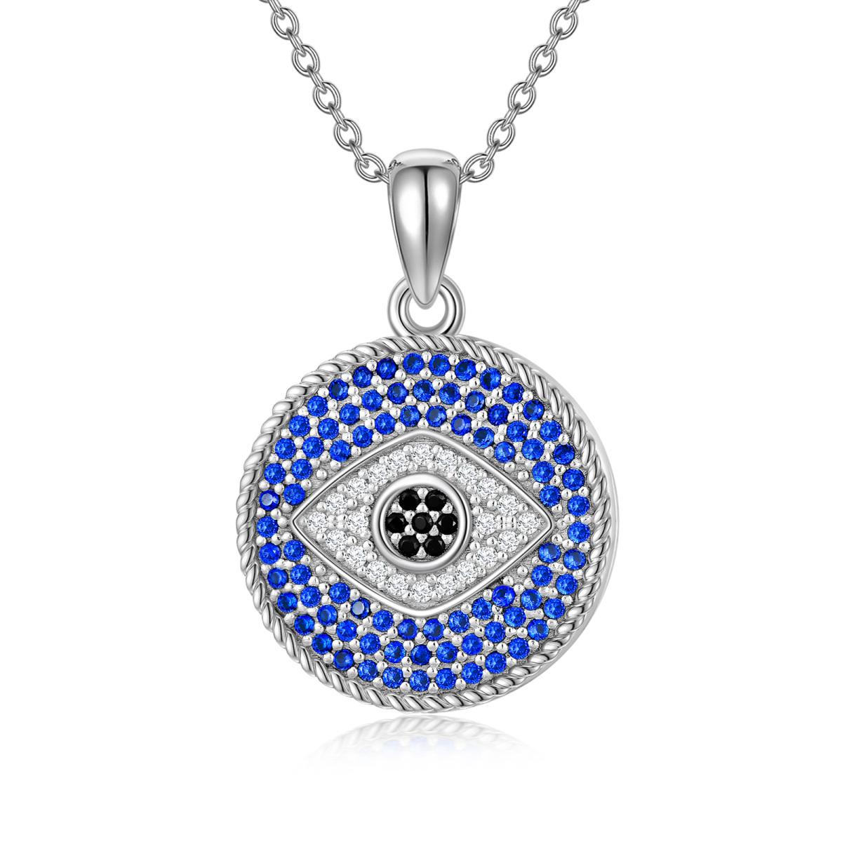 Sterling Silver Circular Shaped Crystal Evil Eye Personalized Photo Locket Necklace with Engraved Word-1