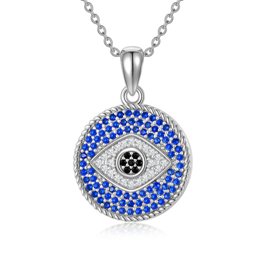 Sterling Silver Circular Shaped Crystal Evil Eye Personalized Photo Locket Necklace with Engraved Word