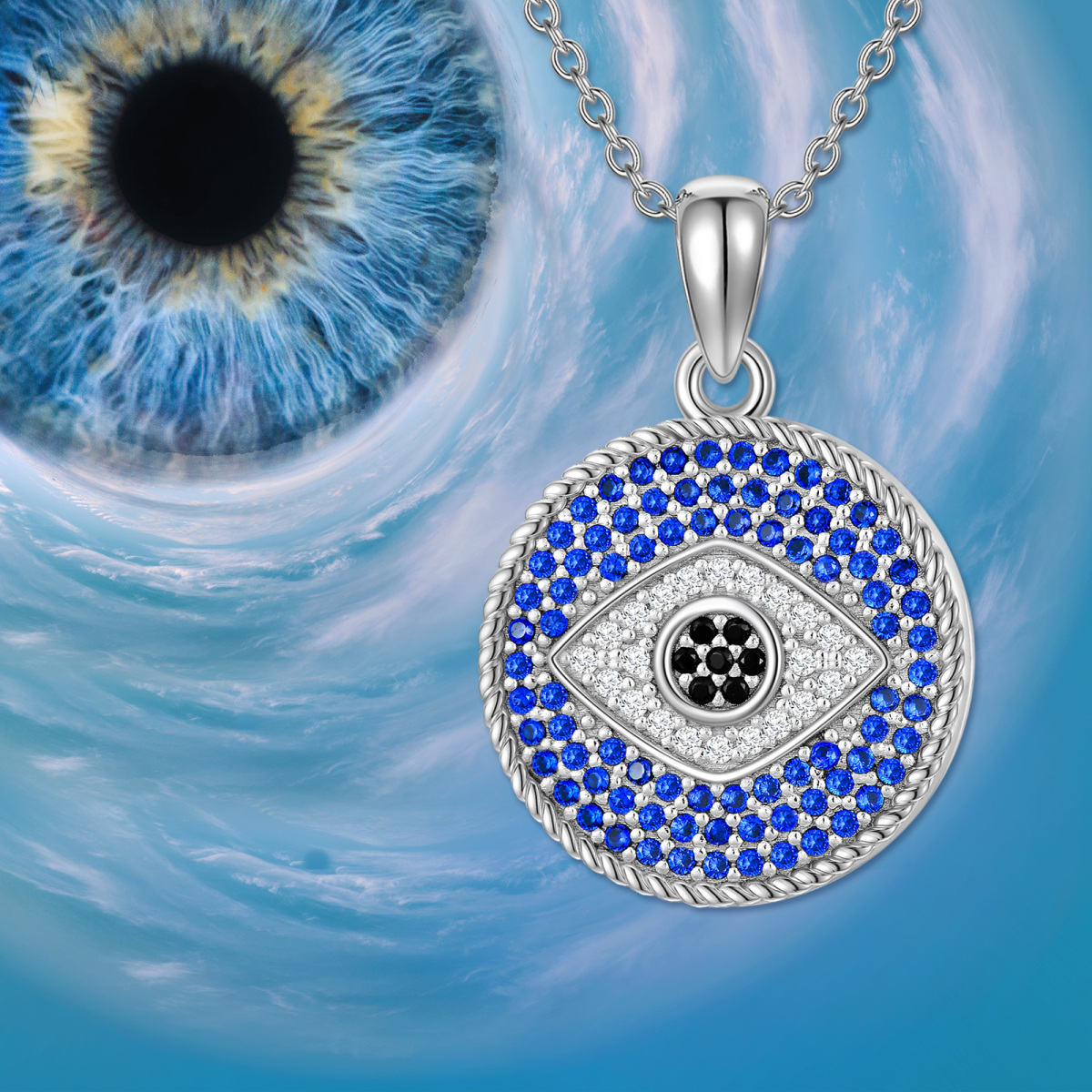 Sterling Silver Circular Shaped Crystal Evil Eye Personalized Photo Locket Necklace with Engraved Word-6