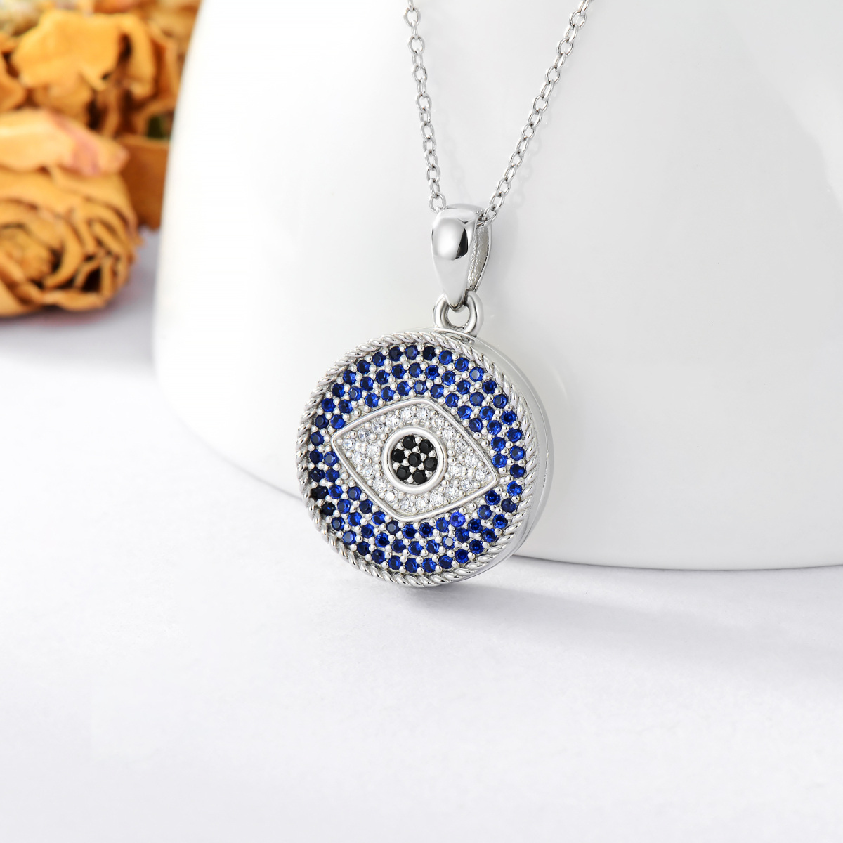 Sterling Silver Circular Shaped Crystal Evil Eye Personalized Photo Locket Necklace with Engraved Word-7