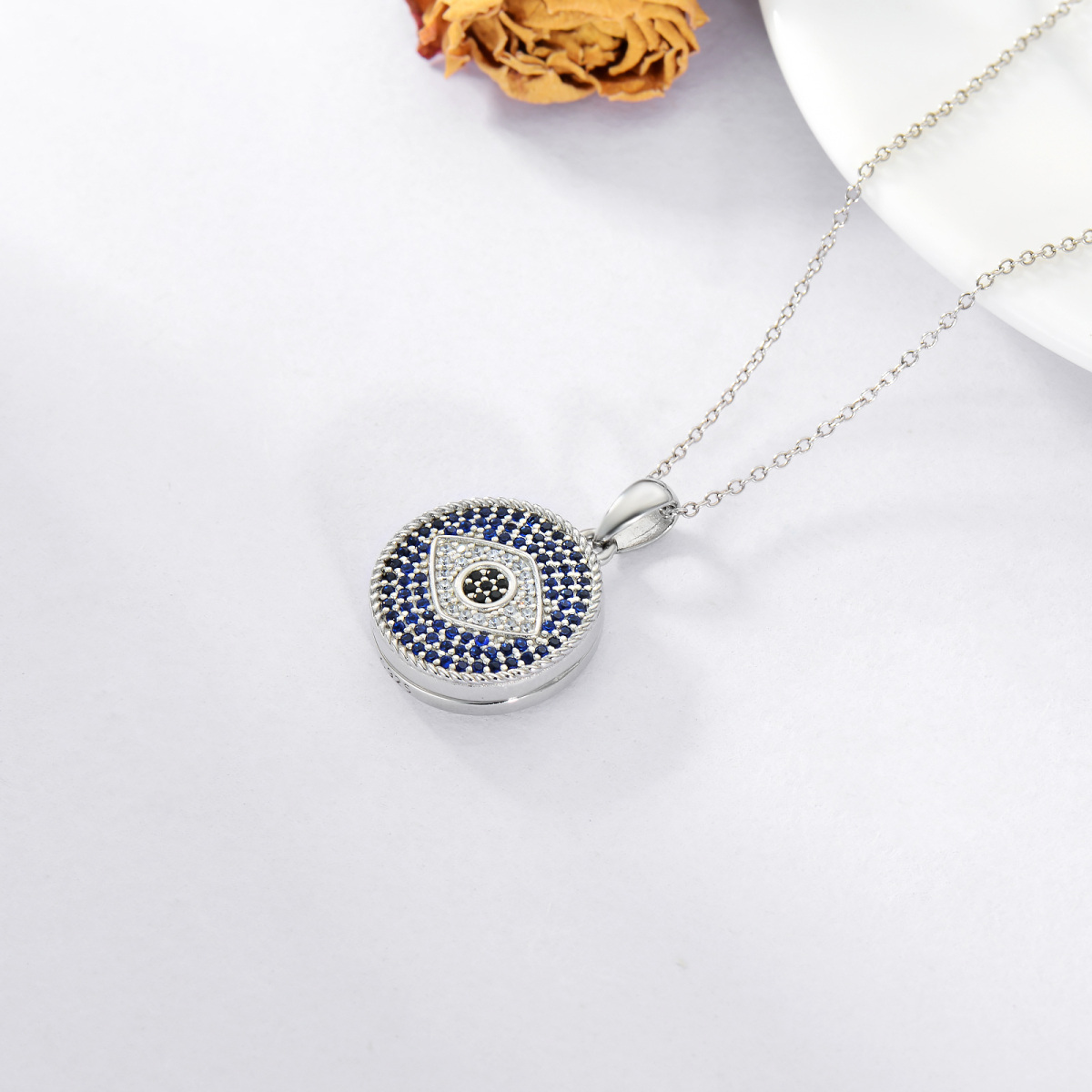 Sterling Silver Circular Shaped Crystal Evil Eye Personalized Photo Locket Necklace with Engraved Word-8