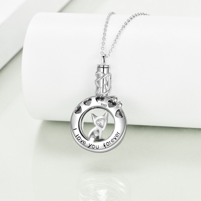 Sterling Silver Circular Shaped Crystal Fox & Leaves & Heart Urn Necklace for Ashes with Engraved Word-3