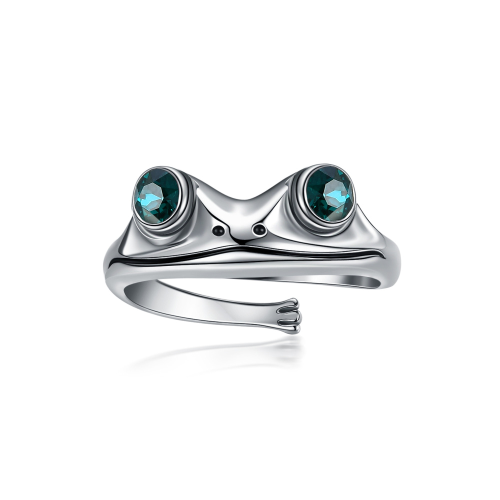 Sterling Silver Round Shaped Crystal Frog Open Ring-1