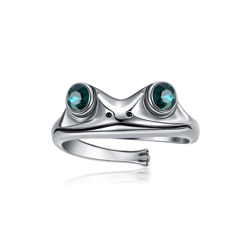Sterling Silver Round Shaped Crystal Frog Open Ring-8